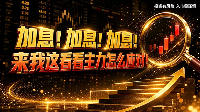 金融公众号封面图，16:9横版，黑金色调高端背景，背景有虚化的股票交易大盘数据和数字滚动效果，前景有金色放大镜聚焦在红色上涨K线上，周围环绕金色粒子和光效，底部有金色台阶和上升箭头。画面中央大标题分两行显示：第一行“加息！加息！加息！”，第二行“来我这看看主力怎么应对！”，标题为红金渐变立体大字，“加息”关键字用金黄色发光效果突出，字体厚重有力量感。右上角白色文字风险提示：“投资有风险 入市需谨慎”。整体风格奢华大气，金融投资风格，除指定标题和风险提示外无其他文案内容。