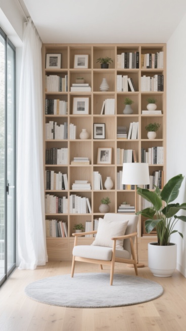 明亮通透的现代简约风格书房背景，浅米色木质书架占据整面墙，整齐排列着大量精装书籍、相框、陶瓷花瓶和小型绿植，书架前有一把浅木色扶手椅配浅色靠垫，旁边立着白色布艺落地灯，右侧有大型绿植置于白色花盆中，地面铺浅色木地板，中央放置浅灰色圆形地毯，左侧是大面积玻璃窗，白色窗帘半透，整体采用柔和自然光，色调以原木色、白色、浅灰色为主，营造出宁静、舒适、整洁的居家阅读氛围，空间感开阔，细节精致，具有北欧极……预览效果