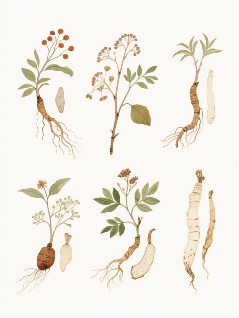 白色背景上，采用清新淡雅的手绘水彩风格，规整排布六个不同的中药材元素集合，每个元素都包含完整的植物形态（根茎、枝干、叶片）及相关附属物，线条细腻流畅，色彩以自然的赭石色、绿色和米白色为主，光影柔和，细节丰富，整体呈现出传统中医药材的温润质感与自然美感，保持统一的视觉风格和构图比例，形成系列化的中药材插画集合。预览效果