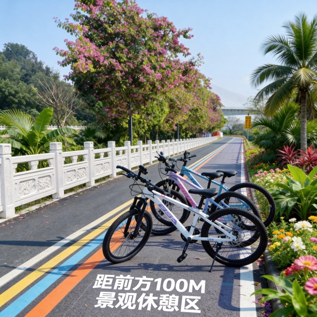 基于原图的骑行绿道，参考第二张图的单车绿岛风格，相似度50%，生成1:1比例高清场景图，保留原图道路走向，增加热带绿植花卉点缀预览效果