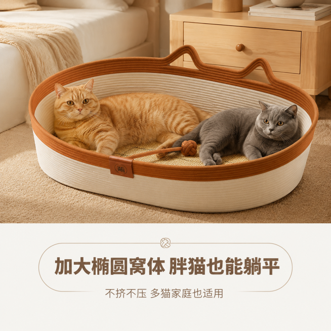 严格还原参考图中的猫窝产品：米白 + 焦糖棕配色、棉线编织外观、藤编凉席内垫、顶部双耳提手、侧边品牌标、中国结装饰，保持产品真实材质质感，棉线哑光编织、藤席天然纹理质感。卖点图，加大椭圆窝体，主标题“预览效果