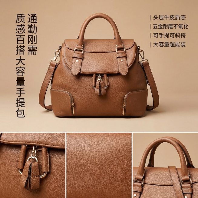 1:1正方形电商主图，韩系高级温柔通勤风，8K超高清写实微距摄影，杂志级精致排版，严格还原上传产品图中焦糖棕色皮质手提包的所有细节：皮质纹理、五金配件、包型结构、锁扣设计、肩带细节、颜色保持不变。画面预览效果