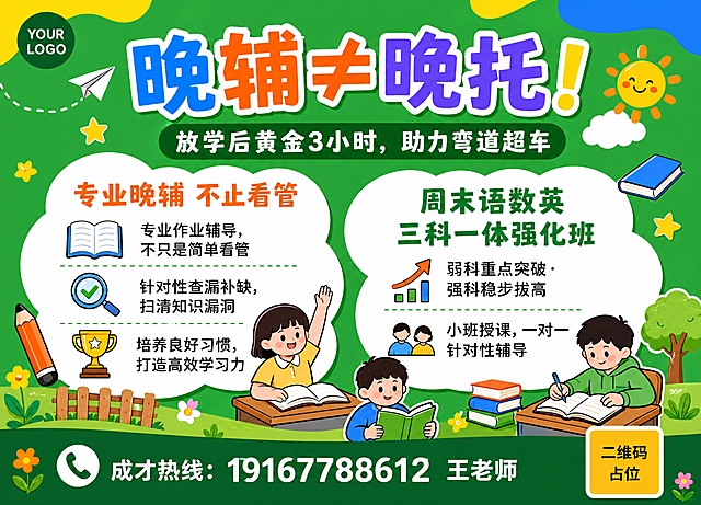 参考图的扁平童趣插画风、绿色主色调、圆角白色信息卡片分区、卡通人物与装饰元素的版式骨架，全部替换为晚辅招生主题内容。横版海报，画面比例约4:3。

整体风格：扁平卡通插画风，明亮活泼，绿色系主背景（鲜绿+草绿渐变），搭配橙、黄、蓝点缀色，白色圆角卡片承载信息，粗黑描边卡通人物与装饰元素，版式精美，信息分区清晰。

【顶部主标题区】
- 主标题大字："晚辅≠晚托！"，彩色艺术字（蓝橙黄紫多色拼接，粗体带白边），位于画面上方居中偏左，字号最大最醒目
- 副标题："放学后黄金3小时，助力弯道超车"，白色字配深绿色圆角底条，在主标题下方
- 左上角留小区域放"YOUR LOGO"占位

【左侧信息卡片 - 晚辅三大优势】
- 白色大圆角云朵形卡片，位于画面左中部
- 卡片标题："专业晚辅 不止看管"，橙色粗体字
- 三条要点，每条配小图标：
  1. 书本图标 + "专业作业辅导，不只是简单看管"
  2. 放大镜/对勾图标 + "针对性查漏补缺，扫清知识漏洞"
  3. 奖杯/星星图标 + "培养良好习惯，打造高效学习力"

【右侧信息卡片 - 周末强化班】
- 白色大圆角云朵形卡片，位于画面右中部
- 卡片标题："周末语数英三科一体强化班"，绿色粗体字
- 两条要点：
  1. 向上箭头图标 + "弱科重点突破·强科稳步拔高"
  2. 小人/班级图标 + "小班授课，一对一针对性辅导"

【底部联系方式区】
- 深绿色横条底，贯穿画面底部
- 左侧：白色电话图标 + "成才热线：19167788612 王老师"，白色字，数字清晰醒目
- 右侧：二维码占位符（纯色方块，中央标注"二维码占位"文字）

【装饰元素】
- 卡通小学生人物2-3个（看书、举手、写字姿势），分布在卡片周围空白处
- 铅笔、书本、星星、纸飞机、太阳、云朵、小花朵等童趣装饰元素散点分布
- 顶部和边缘有不规则彩色色块点缀（黄、蓝、橙斑点形状）
- 木栅栏、小树等小装饰点缀底部

画面中所有信息区域必须填充完整合理的内容，不得出现空白框、空白占位、横线待填写区域、空列表项、空单元格。画面中所有数字必须精确渲染，不得错位、遗漏或编造。画面中所有二维码区域使用纯色方块占位符呈现，方块中央标注"二维码占位"文字，严禁生成任何可识别的二维码图案。