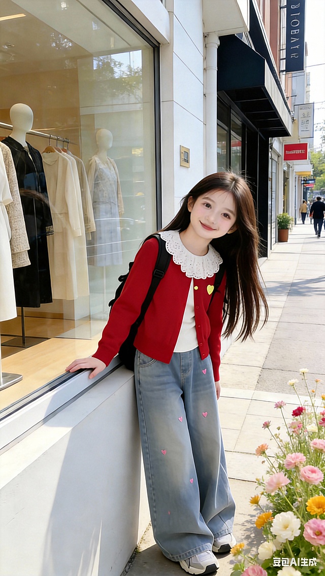 用图1的衣服裤子替换图2人物身上穿的衣服裤子，保留原场景光影，保持图2的人物的五官和发型不变，图片宽高尺寸不变，背景不变，鞋子不变，人物姿势不变，保持图1的衣服裤子的款式和颜色不变