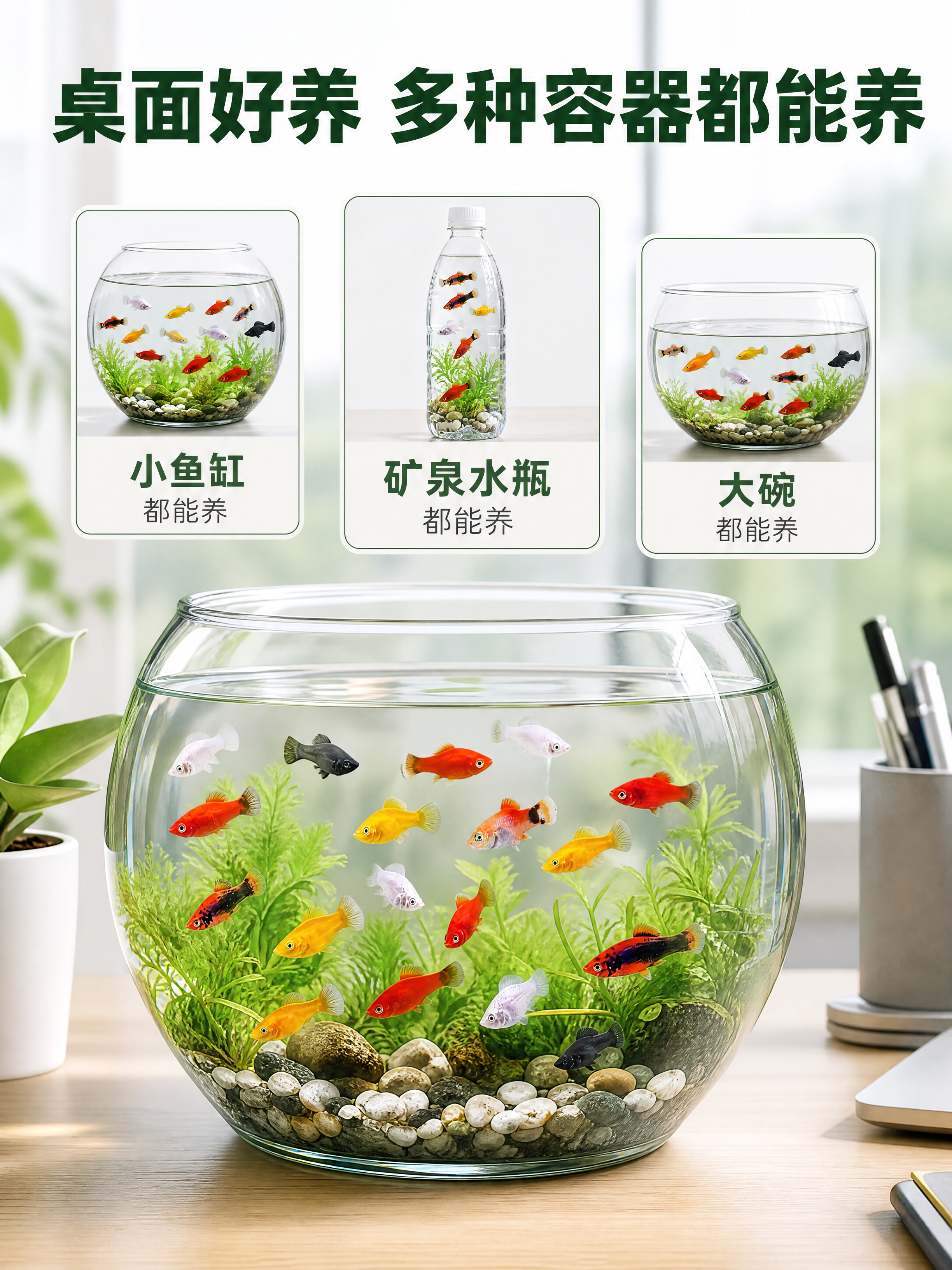 [主图-3] 适配场景展示，保持原有小鱼颜色外形不变。展示小鱼… - 图片创意预览