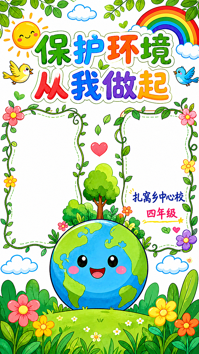 在这张手抄报的右下角空白位置，添加手写风格的文字：扎窝乡中心校 四年级，保持整体为小学生手绘水彩风格，和原图色调统一，文字清晰自然