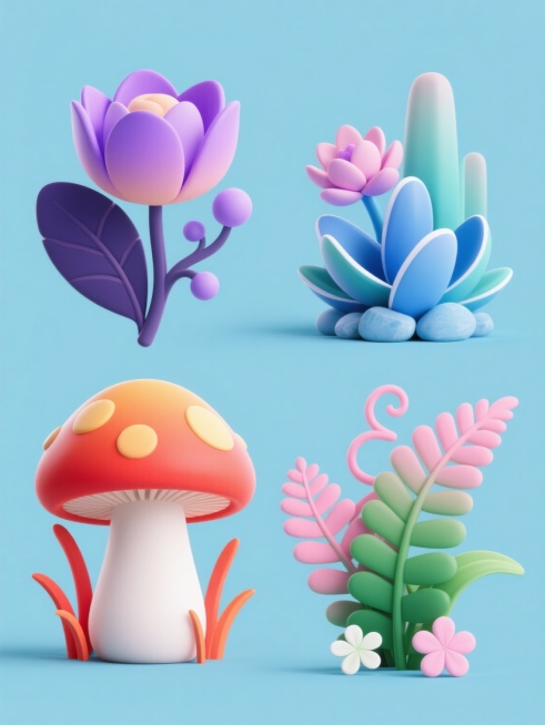 软3D风格插画，纯色背景，四组不同植物元素规整排布成系列素材集合。第一组：紫色渐变花瓣的抽象花朵，搭配深紫与浅紫渐变的卷曲叶片，点缀淡紫色圆形浆果；第二组：橙红色立体蘑菇造型，菌盖有橙黄渐变高光，白色菌柄带细微纹理，周围环绕橙红色细长草叶；第三组：蓝色渐变的多肉植物组合，包含莲花状、柱状不同形态多肉，叶片边缘有白色高光，底部配浅蓝色鹅卵石；第四组：粉绿色蕨类植物丛，羽状复叶呈粉绿到深绿的渐变，……预览效果