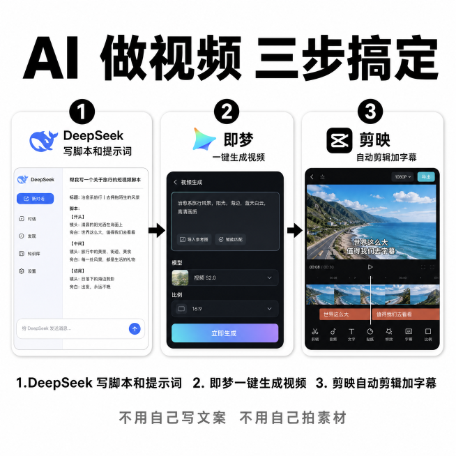 「图片1」，生成电商主图（10张），第 1 张（主图・点击率核心）
核心思路：直击新手最大痛点「学了单个工具还是不会做完整视频」，突出三合一联动优势
视觉元素：浅蓝渐变背景，左边是三个分开的工具图标（预览效果