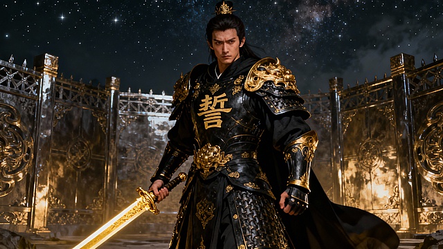 誓约者（刚毅骑士）
指令：古风玄幻风格，身披玄黑鎏金铠甲的刚毅骑士，面容坚毅，手持鎏金长剑，立于情道结界前，铠甲刻 “誓” 字纹，背景是星空下的情道壁垒，整体色调玄黑 + 鎏金，高细节，8K，适合数字人建模参考。。