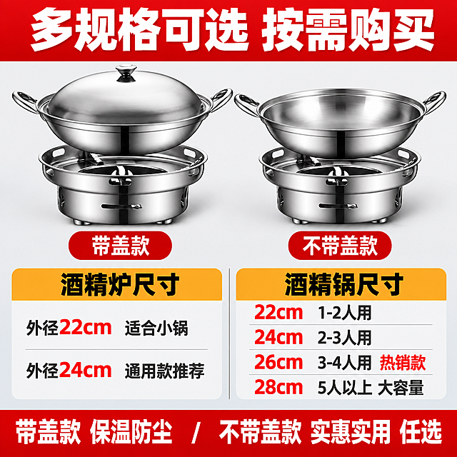 [主图-5] 规格介绍决策图，清晰展示各尺寸规格和带盖/不带盖选项，帮助用户快速选择，拼多多风格信息图。

[统一基调] 拼多多爆款促销风，大字粗黑体强对比，红橙黄促销色+不锈钢银白主色，信息密集但分区清晰。

[画面] 画面采用上下布局，上半部分约40%为标题和产品展示区，下半部分约60%为规格参数表格区。
上方左侧展示一套完整的酒精炉+锅+盖组合（带盖款），右侧展示酒精炉+锅（不带盖款），两个产品并排对比，外观与输入图完全一致。产品占上方区域的60%左右。
下方为规格参数展示区，用清晰的表格/卡片形式呈现。左侧是酒精炉规格，右侧是酒精锅规格。中间用竖线分隔。

[光影质感] 影棚白底/浅灰底干净光影，产品金属质感清晰，高光锐利，投影柔和。规格区背景为浅灰色，文字清晰易读。

[配色] 背景：白色到浅灰渐变；标题栏：大红色底白字；表格头：橙黄色底黑字；表格内容：深灰字；强调数字：红色加粗。

[文字版式] 全部粗黑体，表格文字工整对齐。
顶部大红色通栏标题："多规格可选 按需购买" 白色超大粗体。
左侧规格区标题（橙底黑字）："酒精炉尺寸"，下方两行：
- "外径22cm 适合小锅"
- "外径24cm 通用款推荐"
右侧规格区标题（橙底黑字）："酒精锅尺寸"，下方四行：
- "22cm 1-2人用"
- "24cm 2-3人用"
- "26cm 3-4人用 热销款"
- "28cm 5人以上 大容量"
底部红色通栏："带盖款 保温防尘  /  不带盖款 实惠实用  任选" 白字。

[输出要求] 1:1比例，2K分辨率，规格文字清晰对齐。负向：变形、错字、糊字、水印、平台Logo、规格数据错误、表格杂乱、极限词。