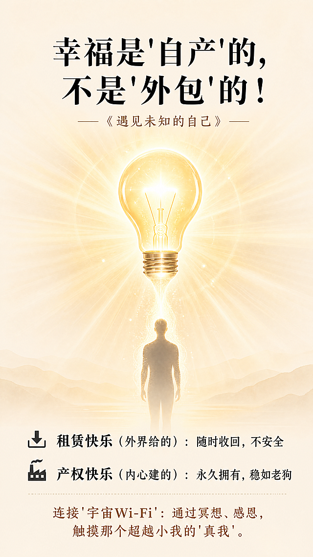 [第6屏] 幸福来源解析页，《遇见未知的自己》读书分享。
[氛围/风格] 温暖光明治愈风，简约干净，通透质感。
[元素布局] 画面中心偏上是一个发光的暖黄色灯泡，灯泡下方有一个人物剪影从灯泡处发出光芒，光芒向周围扩散照亮整个画面。主体元素占比约60%，文案排版上下分布。
[光影质感] 灯泡作为主光源，整体光线柔和，光芒扩散自然，明暗过渡舒服，剪影清晰。
[配色色系] 全局底色：#F5F1EB（浅米杏）；主体配色：暖黄色灯泡+浅金色光芒+深灰色剪影；辅助色：黑色文字。
[视角构图] 中心竖版构图，平视视角，文字上下分布，动线流畅。
[文字版式] 顶部大标题："幸福是'自产'的，不是'外包'的！"，黑色粗体；正文分两点："📥 租赁快乐（外界给的）：随时收回，不安全  🏭 产权快乐（内心建的）：永久拥有，稳如老狗"，每行一点；底部结语："连接'宇宙Wi-Fi'：通过冥想、感恩，触摸那个超越小我的'真我'。"，浅棕色。文字排版整齐，不遮挡灯泡和光芒主体。
[比例分辨率] 9:16竖版，4K分辨率，文字清晰可辨。
[负向提示词] 灯泡变形，光芒杂乱，文字重叠，背景脏，水印。
