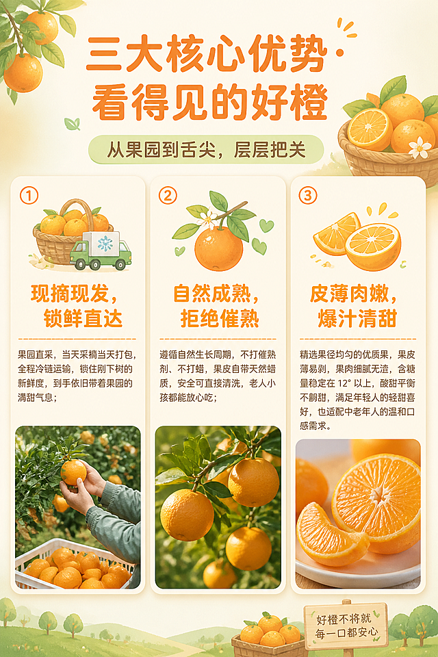 第2屏核心卖点总览详情页，2:3竖版，三宫格均分布局，每格对应一个卖点模块，上半区为图标 + 标题，下半区为文字 + 场景小图。图标采用手绘美食风，圆润可爱，配色以暖橙为主，搭配浅绿点缀，呼应果园元素；字体为圆润无衬线体，标题加粗，正文轻盈，适配手机端阅读。模块间用浅橙色细线条分隔，背景为浅米色渐变，每个模块添加轻微阴影，打造卡片式悬浮效果，美食风手绘图标与真实场景小图结合，兼顾美观与真实感。内容：主标题"三大核心优势・看得见的好橙"，副标题"从果园到舌尖，层层把关"。①卖点模块【现摘现发，锁鲜直达】：果园直采，当天采摘当天打包，全程冷链运输，锁住刚下树的新鲜度，到手依旧带着果园的清甜气息；②卖点模块【自然成熟，拒绝催熟】：遵循自然生长周期，不打催熟剂、不打蜡，果皮自带天然蜡质，安全可直接清洗，老人小孩都能放心吃；③卖点模块【皮薄肉嫩，爆汁清甜】：精选果径均匀的优质果，果皮薄易剥，果肉细腻无渣，含糖量稳定在 12° 以上，酸甜平衡不齁甜，满足年轻人的轻甜喜好，也适配中老年人的温和口感需求。整体风格：奶油风低饱和配色，主色调暖橙色，辅助色奶油白、浅绿，清新治愈。