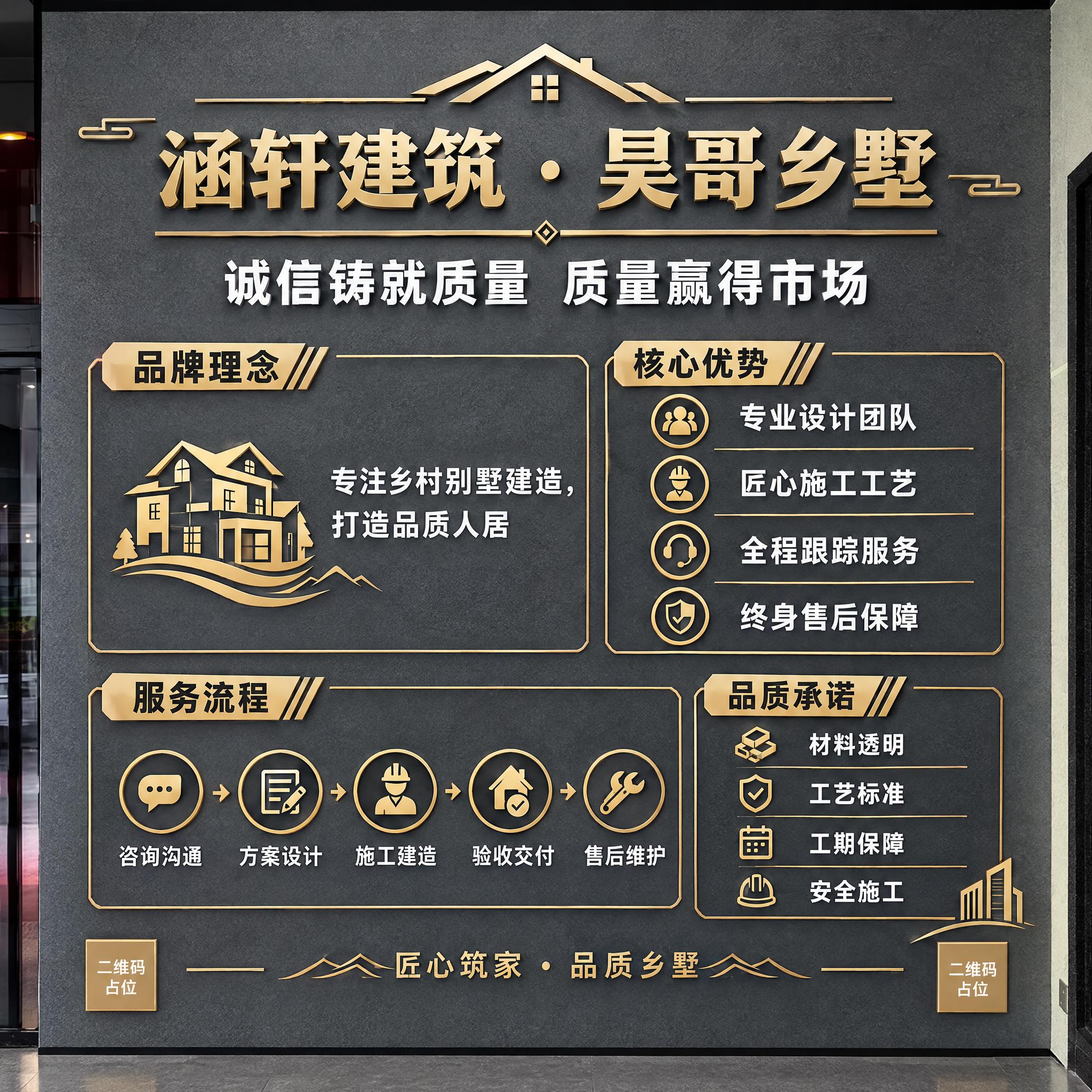 一面3m×3m的现代建筑公司企业文化墙设计，安装在深灰色石材纹… - 图片创意预览