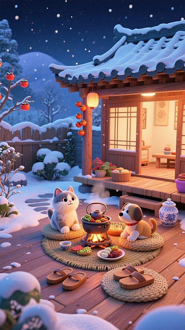 暖冬场景，繁华中式庭院夜景。画面主视觉是毛绒小猫和小狗围炉煮茶（食材丰富），坐在室内的草垫上；室内是木质地板，摆放木屐、圆形草编垫、瓷器。室外雪地覆盖，点缀积雪植物，中式木屋带雪顶屋檐，悬挂柿子串。