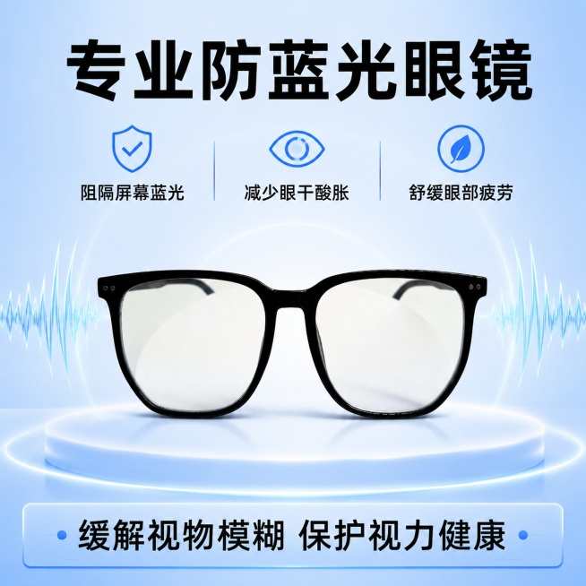 [单张主图] 防蓝光眼镜 爆款促销感主图，突出阻隔蓝光保护眼睛的核心卖点。[画面主体] 主体为黑色方框防蓝光眼镜，保持产品外观、物理结构、材质质感、颜色与输入产品图绝对一致，杜绝任何变形和色差，精细化预览效果