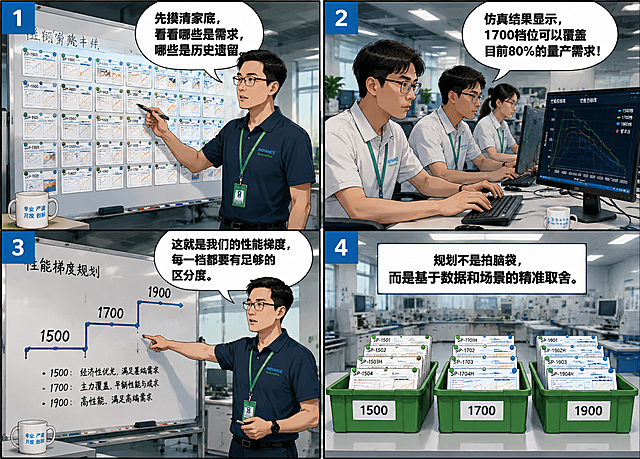 田字格四格漫画，2x2排列，高质量写实工业漫画风格，干净线条，赛璐璐上色，强烈明暗对比，电影级光影。人物比例写实，神情专注。工程师穿藏蓝色或白色POLO衫，左胸印有INOVANCE Automotive公司Logo，INOVANCE蓝色大字在上，Automotive绿色小字在下，左对齐排列。脖子挂绿色工牌挂绳。背景为真实研发办公室环境，干净整洁，不出现模糊不清的小标志或乱码文字。桌上有白色马克杯，杯上印着“专业 严谨 开放 创新”。主角邓工：戴眼镜，藏蓝色POLO衫，绿色工牌绳。主题：摸清家底，规划梯度。左上第一格：邓工站在巨大的白板前，白板上贴满了各种杂乱的磁钢参数卡片，他手持马克笔，表情认真。对话气泡大字：“先摸清家底，看看哪些是需求，哪些是历史遗留。”左上角蓝色方块白字标“1”。右上第二格：团队成员（白色POLO衫，绿色工牌绳）在电脑前进行密集的仿真分析，屏幕上显示着复杂的性能包络线图表，神情专注。对话气泡大字：“仿真结果显示，1700档位可以覆盖目前80%的量产需求！”左上角标“2”。左下第三格：邓工在白板上画出清晰的三个阶梯图形，分别标注1500、1700、1900，他指着阶梯讲解，手势有力。对话气泡大字：“这就是我们的性能梯度，每一档都要有足够的区分度。”左上角标“3”。右下第四格：原本杂乱的卡片被整齐地归类到三个绿色收纳框中，分别标着1500、1700、1900，背景是干净明亮的实验室。旁白框大字：“规划不是拍脑袋，而是基于数据和场景的精准取舍。”左上角标“4”。整体深蓝+绿色+灰白配色，专业工业漫画质感，画面干净清晰，所有文字清晰可读。