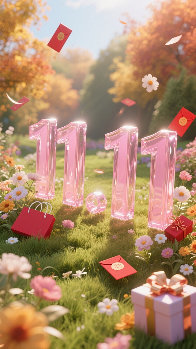 粉色玻璃立体字 “11.11”置于秋天草地场景中 。周围环绕花朵、礼盒、购物红包等元素，花园背景