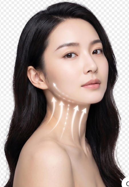 更换为完全不同的全新东亚长发女性，姿势不要和原图一样，去掉图片上的所有水印文字，保留颈部流畅的提拉箭头线条，保持干净透明背景，医美抗衰主题，高清质感，箭头线条清晰流畅预览效果