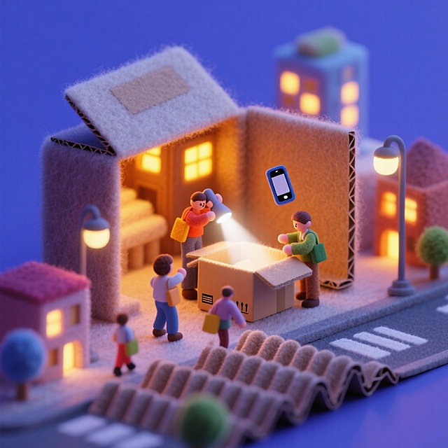 毛绒质感的微缩城市夜景，3D卡通人物在纸箱屋前搬运包裹，暖光与梦幻蓝调交织，充满温馨趣味感。