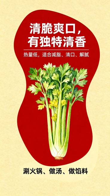 西芹促销异形不规则设计海报，主色调为红色+浅土黄色，风格融合手绘与软糯元素。画面核心是手绘风格完整西芹菜，细节丰富。包含文字信息：创意文字"清脆爽口，有独特清香"，搭配"热量低，适合减脂、清口、解腻"预览效果