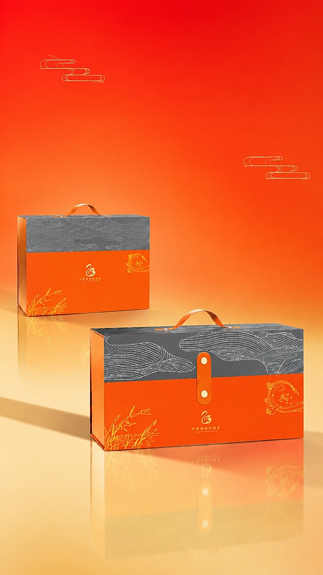 修改这张中秋月饼礼盒海报：1. 背景颜色整体调浅，改为明亮的朱红色到橙红色渐变，更通透轻盈，去掉暗沉感；2. 两款礼盒之间的距离拉开，左右分开更远，下方主礼盒（带搭扣的立体款）居中偏右下，上方次礼盒（扁平款）偏左上，两者间距增大，画面更舒展；3. 台面颜色也调浅，改为浅金色亮面反光台面，干净明亮；4. 整体更干净高级，减少装饰元素，祥云只保留极少量精致的，画面留白更多；5. 光影更明亮柔和，整体光线充足，阴影浅淡干净；6. 两款天鹅城国际饭店月饼礼盒100%还原外形、包装、LOGO、颜色、材质与结构，产品本体不变；7. 整体呈现明亮、通透、简约高级的国际品牌视觉感。