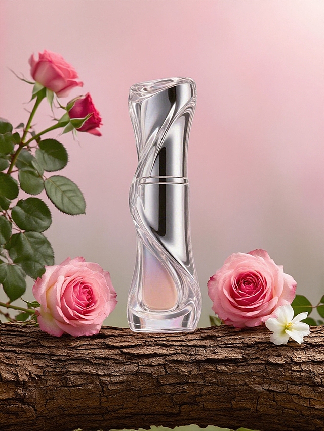 主体放置在树干上，左侧，有一个绿叶的花枝，右侧，有两个盛开的粉玫瑰，树干上还散落着一朵白花，背景为朦胧的粉色调，自然光线