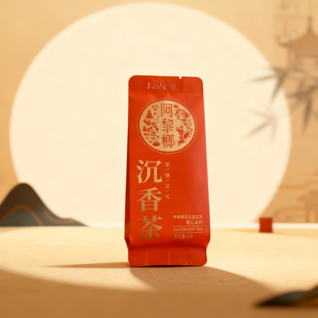 沉香茶商品包装展示，暖色浅色中国风风格，简约干净背景，突出产品，原生态草本茶预览效果
