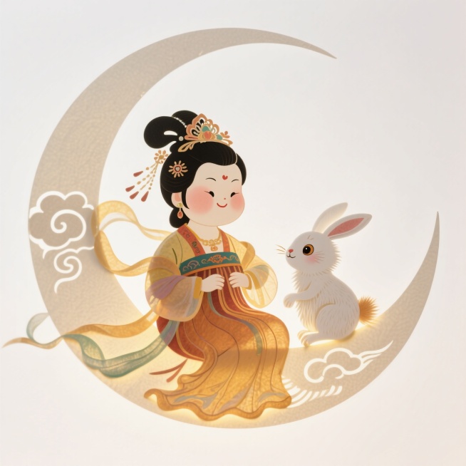 Q版风格：肥胖的嫦娥和白兔坐在月亮上，白色背景，完整展示预览效果