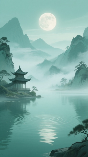 中国传统水墨风格游戏场景设计，以青绿色为主色调，远山如黛，近水含烟，圆形的月亮高悬天际，月光洒在平静的湖面上形成层层涟漪，湖中有古朴的中式阁楼建筑，山间云雾缭绕，整体画面意境悠远宁静，采用淡雅的色彩渐变和柔和的光影效果，线条流畅自然，营造出空灵缥缈的东方仙侠氛围，构图遵循传统山水画的留白艺术，视觉层次分明，色调统一和谐。预览效果