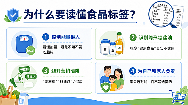 PPT slide design, 16:9 aspect ratio, professional and clean presentation style, title at the top in large bold Chinese text "为什么要读懂食品标签？", below the title are four key points arranged in a 2x2 grid layout with icons, each point with a heading and description: 1. 控制能量摄入：看懂热量，避免不知不觉吃超标 2. 识别隐形糖盐油：很多"健康食品"其实不健康 3. 避开营销陷阱："无蔗糖""非油炸"≠健康 4. 为自己和家人负责：学会选对的，而不是选贵的. Modern flat design, soft blue and green color scheme, food and health themed icons, clean white background, clear hierarchy, readable typography, high quality presentation slide