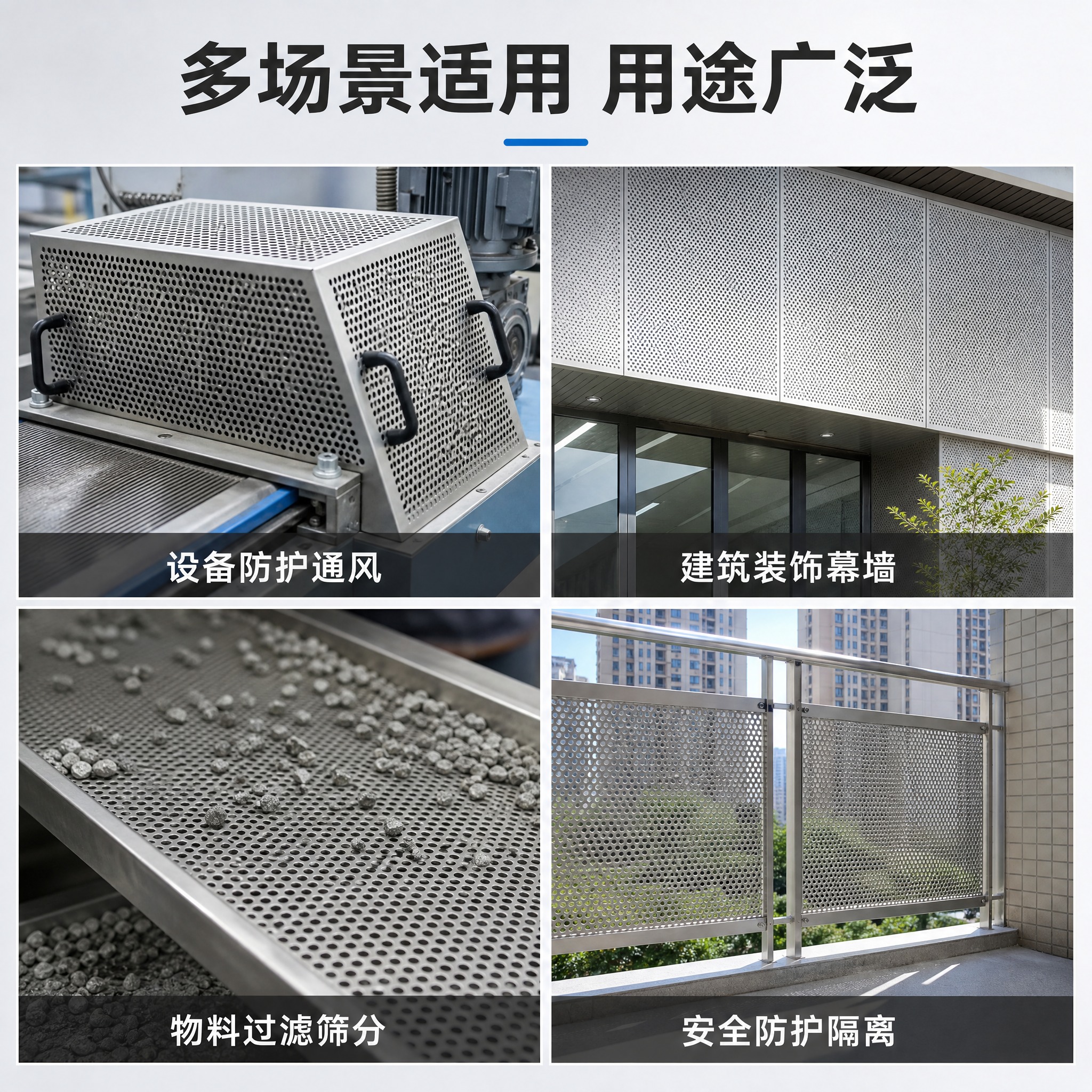 [主图-4] 多场景应用展示图，展示304不锈钢冲孔板的多种使… - 图片创意预览