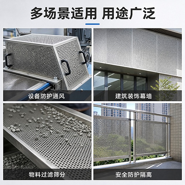 [主图-4] 多场景应用展示图，展示304不锈钢冲孔板的多种使用场景与用途。
[统一基调] 专业工业品质风，浅灰白渐变背景，主标题深灰近黑色粗体无衬线字体，辅助文案中灰色，强调色为金属蓝，整体干净明亮不花哨。
[画面] 画面采用2x2四宫格布局，每个格子是一个真实应用场景小图，格子间有细细的白色间隔。左上格：工业设备防护罩/通风筛网场景，能看到冲孔板安装在机械设备上作防护通风用；右上格：建筑装饰吊顶/幕墙场景，冲孔板作为装饰面板安装在墙面；左下格：过滤筛分场景，冲孔板用于物料筛分过滤；右下格：阳台防盗窗/防护栏场景，冲孔板作为安全防护网。四宫格上方留出标题区域。每个场景图中冲孔板的外观材质与主图一致。
[光影质感] 每个场景都是真实自然光线，工业场景偏冷白光，建筑场景偏自然光，整体明亮清晰，冲孔板在各场景中自然融入，金属质感真实。
[配色] 背景浅灰白，四宫格图片各自场景色，标题文字深灰色，场景标签文字白色叠加在每张图底部半透明条上。
[文字版式] 顶部居中大标题："多场景适用 用途广泛"。每张场景图底部有半透明深色条，上面白色小字标注场景名称："设备防护通风"、"建筑装饰幕墙"、"物料过滤筛分"、"安全防护隔离"。
[输出要求] 1:1正方形比例，四宫格布局整齐，每个场景清晰真实，文字可读。负向：变形、错字、模糊、水印、平台Logo、场景虚假、产品外观不一致、格子大小不一。