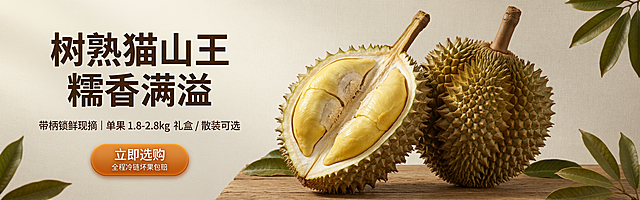 1920×600 横版电商首焦 Banner，高端原生态生鲜写实风，浅米色亚麻渐变背景，右侧完整带柄猫山王榴莲，左侧对半开果露出大块金黄果肉，边角点缀天然枝叶；左上大字「树熟猫山王 糯香满溢」，下方小字「带柄锁鲜现摘 | 单果 1.8-2.8kg 礼盒 / 散装可选」，左下角暖橙色圆角按钮「立即选购」，按钮小字全程冷链坏果包赔，暖棚拍自然光，8K 超清，果肉水润油亮，果皮刺面细节丰富，色彩金黄褐绿原木棕搭配