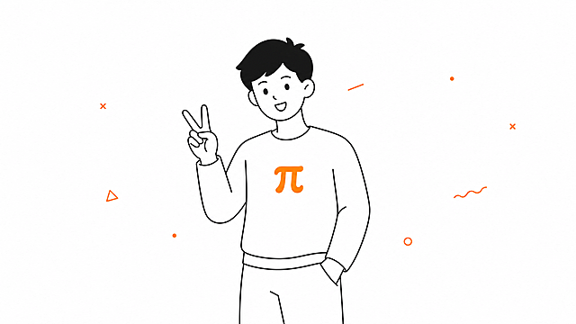 生成横版图片，参照参考图风格：极简线条插画，黑白橙配色，白色背景，简约扁平化设计。内容为一个单个人物，做出比耶（V字手势）的姿势，衣服胸前位置带有鲜橙色πlogo，整体风格和参考图保持一致
