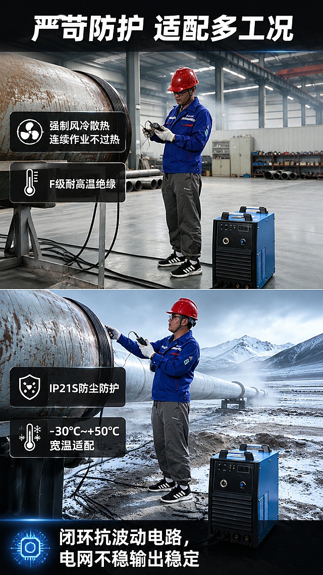 生成详情页，商品名称为管道消磁机，详情内容：一、首页短卖点（主图 / 标题标签，简洁吸睛）
IGBT 软开关逆变技术，消磁稳压稳流，焊接电弧稳定
全数字精准控流，输出精度 ±1A，40-500A 宽电流可调
体积小重量轻仅 43.5kg，叉车可转运，工地移动方便
高能效 90% 转换效率，省电节能，适配普通 380V 电网
强制风冷散热，连续作业不易过热，耐用故障率低
专业钢管 / 管线端头消磁，根除磁偏吹，提升焊接质量
F 级高耐热绝缘，IP21S 防护，适配户外车间多工况
闭环抗波动电路，电网电压波动也能稳定输出
二、详情页分段深度卖点（分模块，适配产品介绍板块）
（一）专业消磁，解决焊接核心痛点
专为钢管、管线端头消磁设计，抵消工件自带磁场，彻底消除焊接磁偏吹问题，让电弧集中稳定，大幅减少焊接气孔、夹渣、焊偏缺陷，适配管道工程、钢结构焊接场景。
搭载优质静外特性 + 优异动态性能，逆变稳压结构，电网波动、电弧长短变化时输出电压持续平稳，消磁效果均匀不衰减。
（二）高端逆变 + 全数字控制，性能拉满
IGBT 软开关逆变核心架构：三相 380V 整流→高频逆变→变压整流滤波，动态响应速度快，整机小型轻量化；
全数字闭环调控：电流调节精准可控，输出电流精度 ±1A，调节区间 40A-500A，大小管径工件通用；
20KW 大功率输出，额定 500A 大电流，长管道、厚壁钢管消磁也能快速达标。
（三）节能便携，工地移动施工友好
轻量化机身：整机 43.5kg，尺寸 650×320×545mm，占地小，升降叉车可直接吊运转运；
超高 90% 运行效率，额定输入容量仅 15.1KVA，对配电容量要求低，工地普通配电箱即可带动，长期使用省电降成本；
三相 380V/50Hz 通用工业供电，电网 ±10% 电压、±1% 频率波动下稳定工作，工地电压不稳也不影响消磁效果。
（四）耐用散热 + 严苛防护，复杂环境耐用
强制风冷循环散热系统，搭配大尺寸工业风机，长时间连续作业快速散热，杜绝高温停机；
F 级耐高温绝缘材料，内部电气部件耐热性强，不易老化击穿；
IP21S 外壳防护，防尘防固体异物侵入；适配 - 30℃~+50℃宽温环境，海拔 3000m 内正常使用；
适配车间、户外工地，耐轻度潮湿，无强腐蚀、无剧烈震动场景均可稳定运行。
（五）安全易维护，降低使用成本
多重安全设计：整机可靠接地保护，内置 75℃温度开关过热自动防护；风机远离操作区，防衣物、毛发卷入；
极简操作面板：独立启动 / 停止按键，电压实时显示，新手简单上手；
保养便捷：每 3-6 个月干燥压缩空气除尘即可，模块化电气配件，故障检修更换方便；
原厂标准化配电适配：配套 4mm² 输入电缆规格，接线简单，自带接地螺栓，接线牢固防漏电触电。
（六）整机稳定可靠，工业级耐用配置
内部搭载三相整流桥、大功率 IGBT 模块、专用滤波电容、独立控制双变压器，电气回路布局规整；配备断路保护、保险座、电流传感板、输出保护板多重电路防护，过流、过载自动保护，减少设备烧毁风险。适配京东平台，单图比例为9:16，需求屏数为8张。「图片1」「图片1」「图片1」「图片1」「图片1」「图片1」「图片1」「图片1」「图片1」