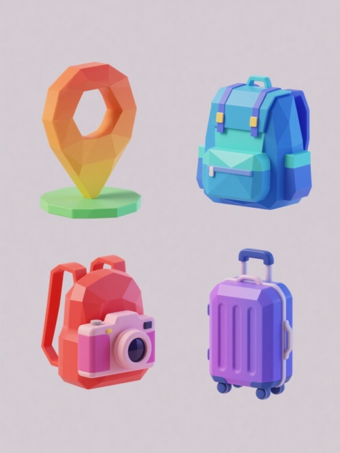 一组四个旅行主题的3D图标，保持相同的低多边形风格和纯色背景，每个图标具有渐变色彩和微妙阴影效果。第一个图标是橙色到黄色渐变的地图标记插在绿色底座上，第二个是蓝色到青色渐变的旅行背包，第三个是红色到粉色渐变的相机，第四个是紫色到蓝色渐变的行李箱，四个图标规整排布成2x2网格。预览效果