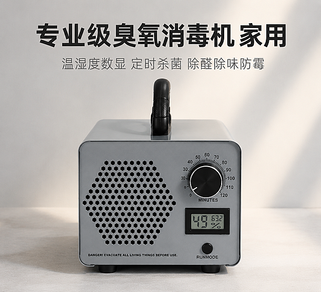 主文案"专业级臭氧消毒机 家用"居中放大，字体粗黑；副文案"温湿度数显 定时杀菌 除醛除味防霉"在主文案下方，字体纤细，颜色比主文案浅一度。画面中心摆放家用臭氧消毒机主体（金属机身实拍），构图居中对称，背景采用简约家用浅灰渐变，点缀轻微暖光光影，整体干净柔和不杂乱，无多余装饰。高清8K分辨率，产品金属磨砂纹理、显示屏细节清晰可见，色彩还原真实（金属哑光质感），光影层次柔和，无模糊噪点，整体色调温馨适配家用风格