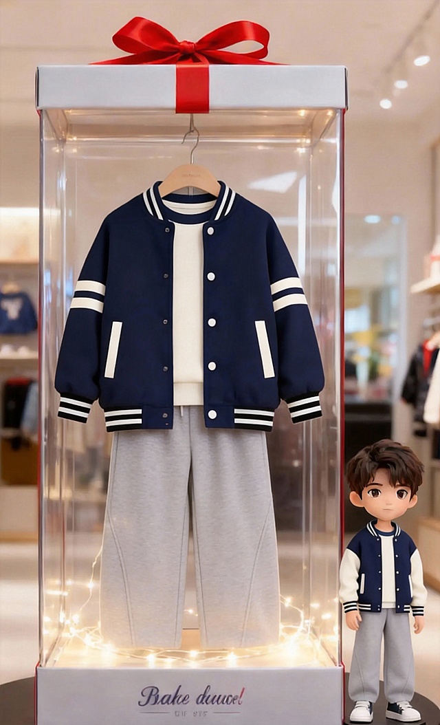 用图1的衣服和裤子替换图的2的人物穿的衣服裤子和旁边衣架上挂着的衣服裤子，保留原场景光影，保持图2的人物的五官和发型不变，图片宽高尺寸不变，背景不变，鞋子不变，人物姿势不变，保持图1的衣服和裤子的款式和颜色不变