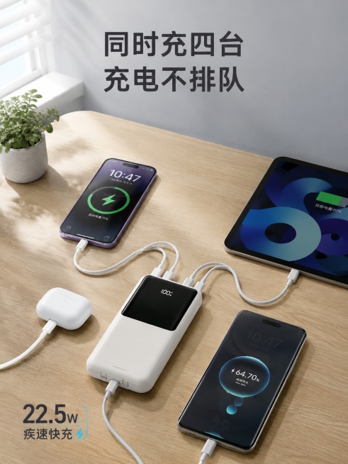 [第5屏] 核心功能实测页，展示多设备同时充电功能，本屏使用【图2】作为充电宝主体。
[氛围/风格] 真实桌面场景，生活化科技感，自然光线质感
[元素布局] 充电宝放置在木质办公桌面上，同时引出四根线预览效果