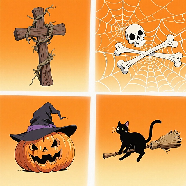 4个万圣节元素，分别是枯藤十字架、骨头蜘蛛网、巫师帽南瓜灯、骑扫帚小黑猫，高创意设计。上下两行整齐排列，不重叠，橙色背景。
