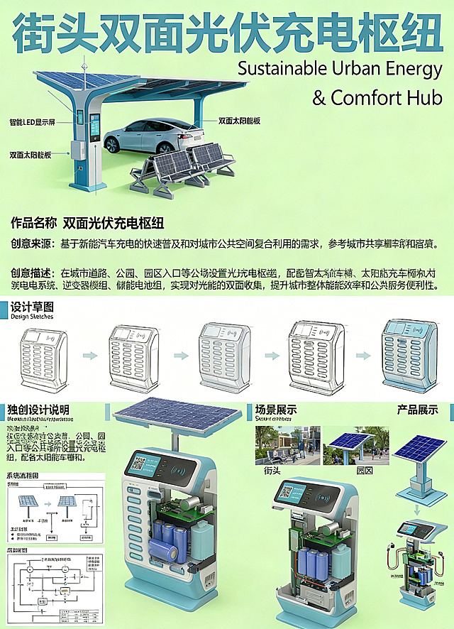 按照图一的海报排版格式，设计一张关于双面光伏充电枢纽的海报，正面是光伏太阳能车棚，反面是太阳能充电座椅，整体淡绿色背景，包含作品名称、创意来源、创意描述、设计草图、设计样图、独创设计说明、系统流程图、场景展示板块，字迹清晰图片清晰，请保留所有文字信息，图文排版整齐，风格和参考示例一致