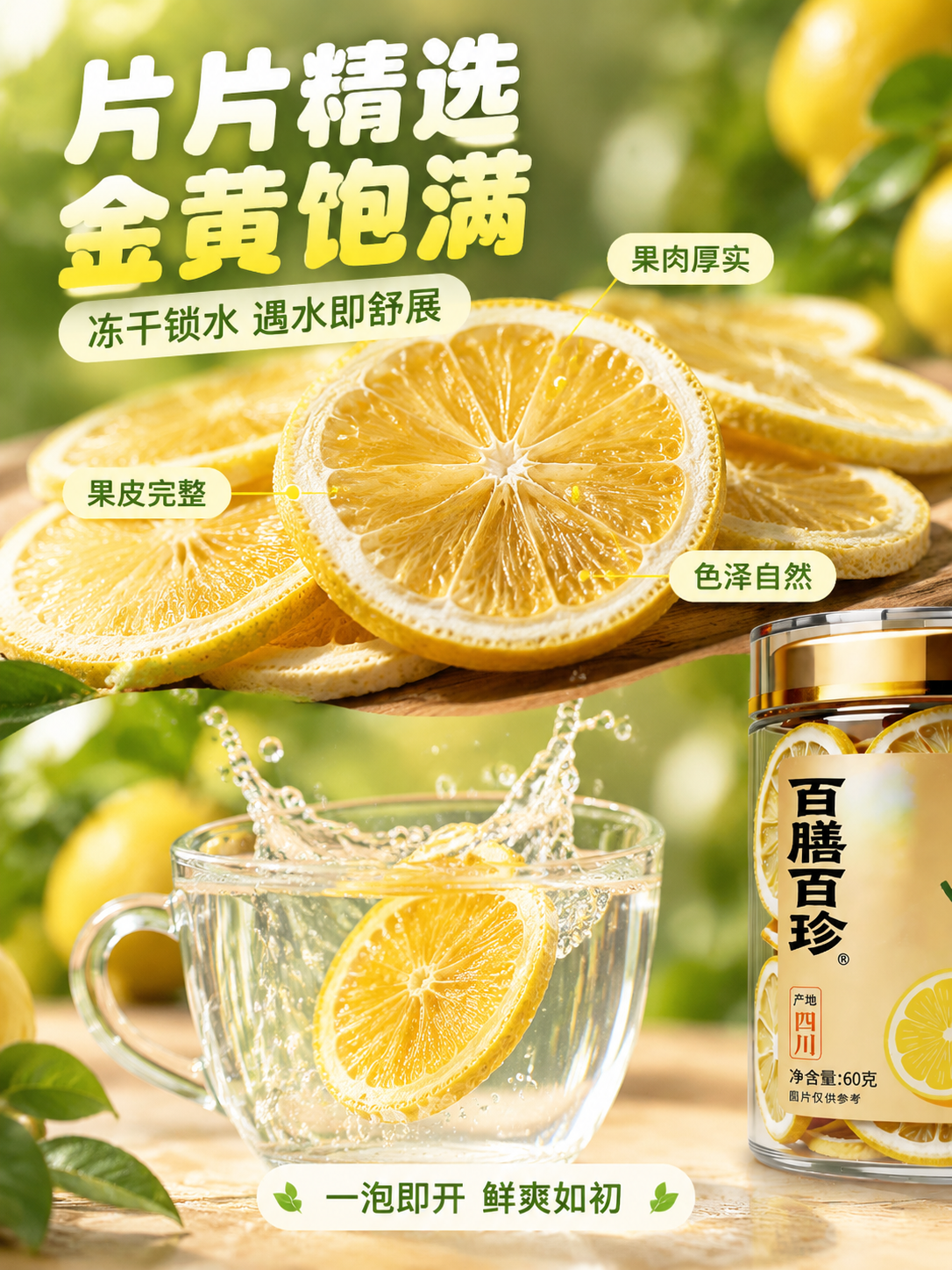 [商品] 使用【图1】百膳百珍冻干柠檬片罐装产品；保留罐身金色… - 图片创意预览