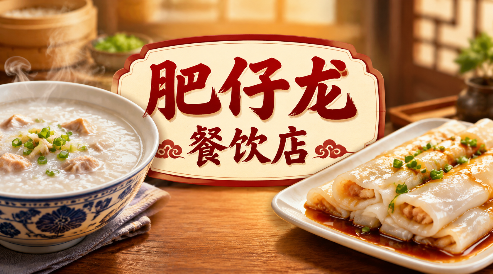 餐饮店店招设计，店名"肥仔龙餐饮店"，主营粥和肠粉，写真风格，… - 图片创意预览
