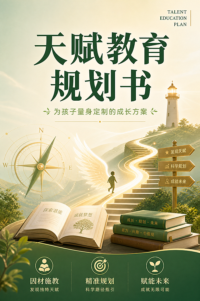 A4竖版报告封面设计，主题为《天赋教育规划书》，专业温暖的教育规划风格。画面中央偏上位置是主标题"天赋教育规划书"，字体稳重有力，深绿色。副标题"为孩子量身定制的成长方案"在主标题下方，字号较小，浅绿色。背景采用柔和的渐变绿金色调，带有向上生长的路径线条、阶梯和指南针图案，象征规划与方向。画面中点缀发光的路标、展开的翅膀、书本和灯塔等象征未来与方向的元素。底部有三个小图标加文字："因材施教"、"精准规划"、"赋能未来"。右上角有英文小字"TALENT EDUCATION PLAN"。整体风格专业、可信、有方向感，留白充足，排版精美，适合作为规划书封面。画面中所有信息区域必须填充完整合理的内容，不得出现空白框或占位区域。