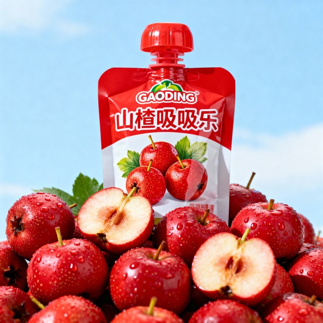 超高清产品宣传图，主体是一包红色吸嘴袋包装的山楂果冻，包装上印有logo"GAODING"和 “和“山楂吸吸乐”文字，新鲜山楂插画；包装下面堆满新鲜饱满、带水珠的红色山楂果，其中几颗被掰开露出果肉，山预览效果