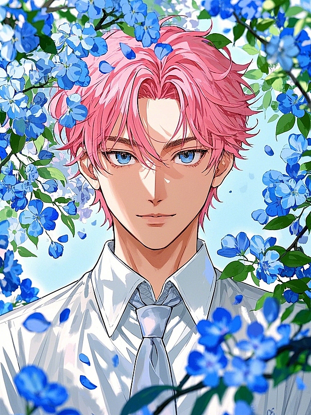 一个帅气的少年，粉发碧眼，帅气阳光，白色衬衫，打领带，型男发型，白皙的皮肤，面部特写，树影斑驳，蓝色花瓣飘落，背景是花海