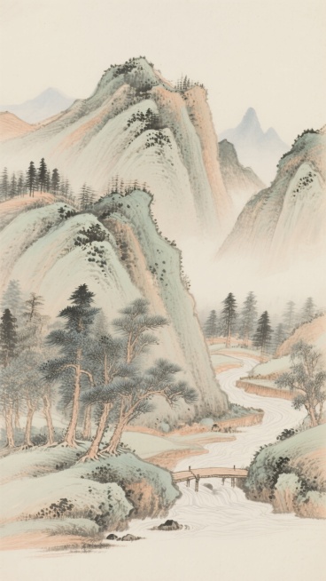 中国传统山水画风格，浅米色宣纸底色，以淡赭石、石绿、墨青为主色调，运用细腻的披麻皴和苔点技法描绘层叠山峦，山间点缀苍劲的松树林，山脚处有潺潺溪流与简易木桥，整体画面清雅幽静，线条流畅，留白得当，色调和谐统一，营造出宁静悠远的自然意境，适合作为背景素材使用的干净风格传统山水画作。预览效果