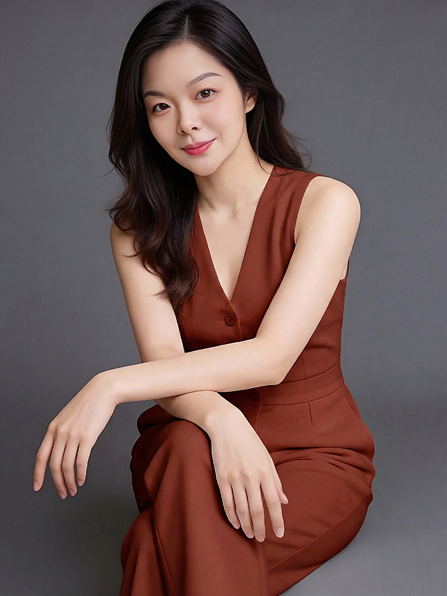 将图片中的白色无袖连体装修改为棕红色，保留人物、发型、姿势和灰色背景不变