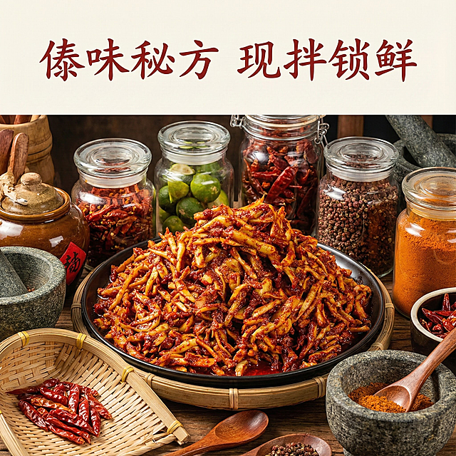 这张图片是产品主体这款产品是傣族手工现拌甜脆萝卜条  产品主体不变 我需要设计10张主图在拼多多上面售卖    可以用厨房等场景进行主图场景布局设计一个高级一些主图文案内容 萝卜条口感甜脆 带有萝卜本身的清甜 同时又有傣族特色的香辣味 脆爽口感 层次丰富 开胃下饭 具有浓郁的傣族风味 食材新鲜 萝卜条口感甜脆 传承傣族传统配方 人工切条 现拌现发 甜中带微辣 辣后回甜 甜辣开胃 干饭翻倍 一口傣味脆 手工现拌的甜辣鲜 现拌锁鲜 脆甜解腻 配啥都香