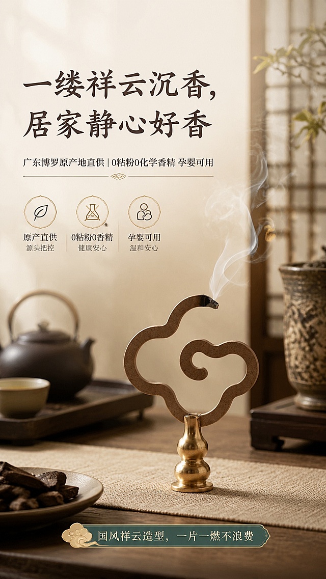 [第1屏] 详情页首屏海报，祥云无粘粉沉香宣传海报。本屏使用【图1】作为商品主体。
[氛围/风格] 国风养生氛围，沉稳高级，商业摄影质感，适配中老年审美。
[元素布局] 祥云香炉产品置于画面中下偏右位置，占比约60%，搭配远景中式茶室与煮茶茶具作为背景，左上角留出大标题区域，整体保持产品结构、造型、颜色与输入产品图一致。
[光影质感] 柔和室内自然光，烟雾部分保留柔焦效果，产品轮廓清晰，桌面自然投影，明暗层次分明。
[配色色系] 全局底色 #F5F0E6；主色米白浅棕；辅助色浅绿、金色描边。
[视角构图] 正面平视视角，产品为视觉中心，阅读动线从上到下：顶部标题→中间产品→底部小字。
[文字版式] 版式为顶部标题+中部产品+底部信息。主标题「一缕祥云沉香，居家静心好香」，副标题「广东博罗原产地直供｜0粘粉0化学香精 孕婴可用」，底部小字「国风祥云造型，一片一燃不浪费」，大字标题醒目易读，文字不遮挡产品主体。
[比例分辨率] 9:16 竖版比例，4K分辨率，文字清晰可辨，高清画质。
[负向提示词] 产品变形，缺件错件，颜色偏差，水印，文字错乱，产品图模糊，背景杂乱